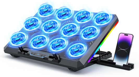 Laptop Cooling Pad with 12 Quiet Fans, Slim Portable for 12-17.3 Inch Laptop Cooler Stand, RGB Lighting, with 5 Height Adjustable, Gaming Cooling Fan Pad, with Two USB Ports Holder (LCD)