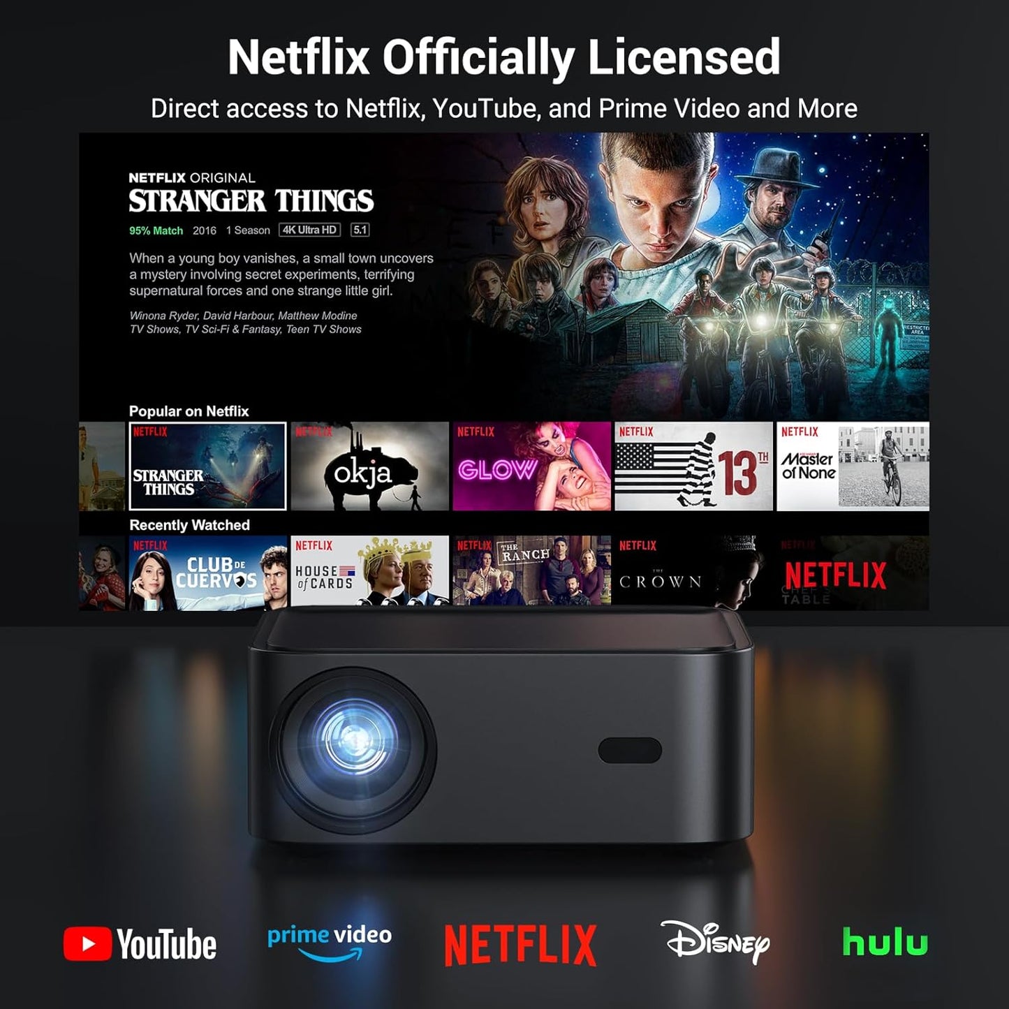 Official Licensed Netflix 1500 ANSI Smart Projector, HAPPRUN 4K Projector with Wifi and Bluetooth, DoIby Audio,Native1080P,Built-in Apps, ,Electric Focus,Movie Projector for Home Cinema,Outdoor,Indoor