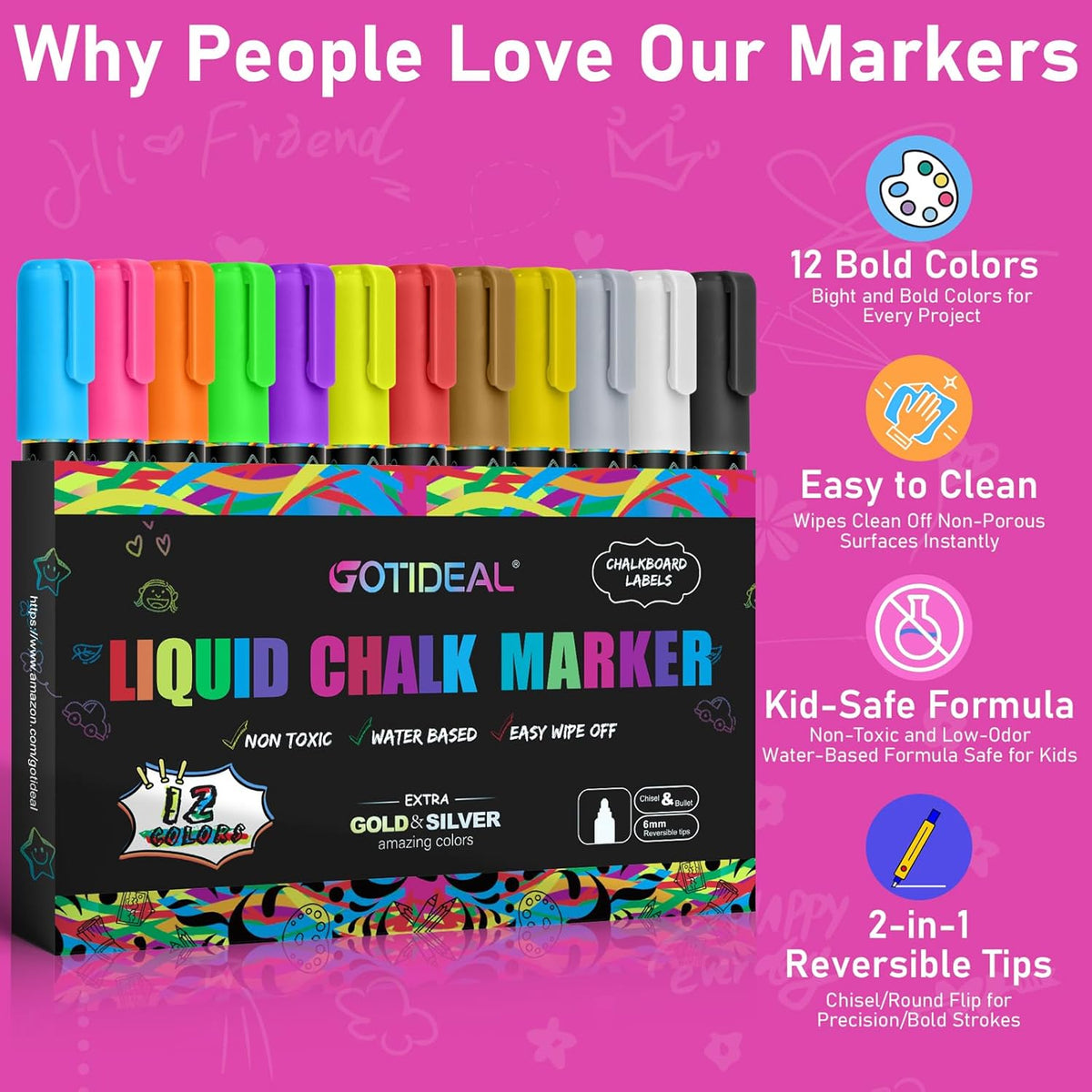 GOTIDEAL Chalk Markers, 12 Colors Liquid Chalk Markers for Blackboard Chalkboard Calendar Glass Neon Pens, Washable Window markers Paint and Drawing for Car, Auto, Bistro,Mirror Wet Erase Chisel Tip