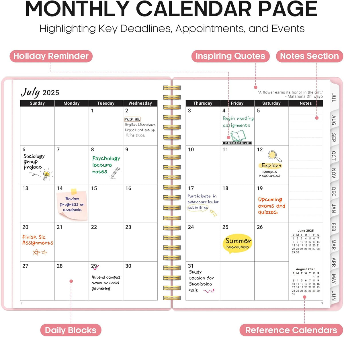 Planner 2025-2026, Academic Year Weekly and Monthly Calendar Planner, July 2025 - June 2026, Spiral Bound School Planning Tool, Perfect for Teacher, Student, Woman & Men - A4 (8.5" x 11"), Pink