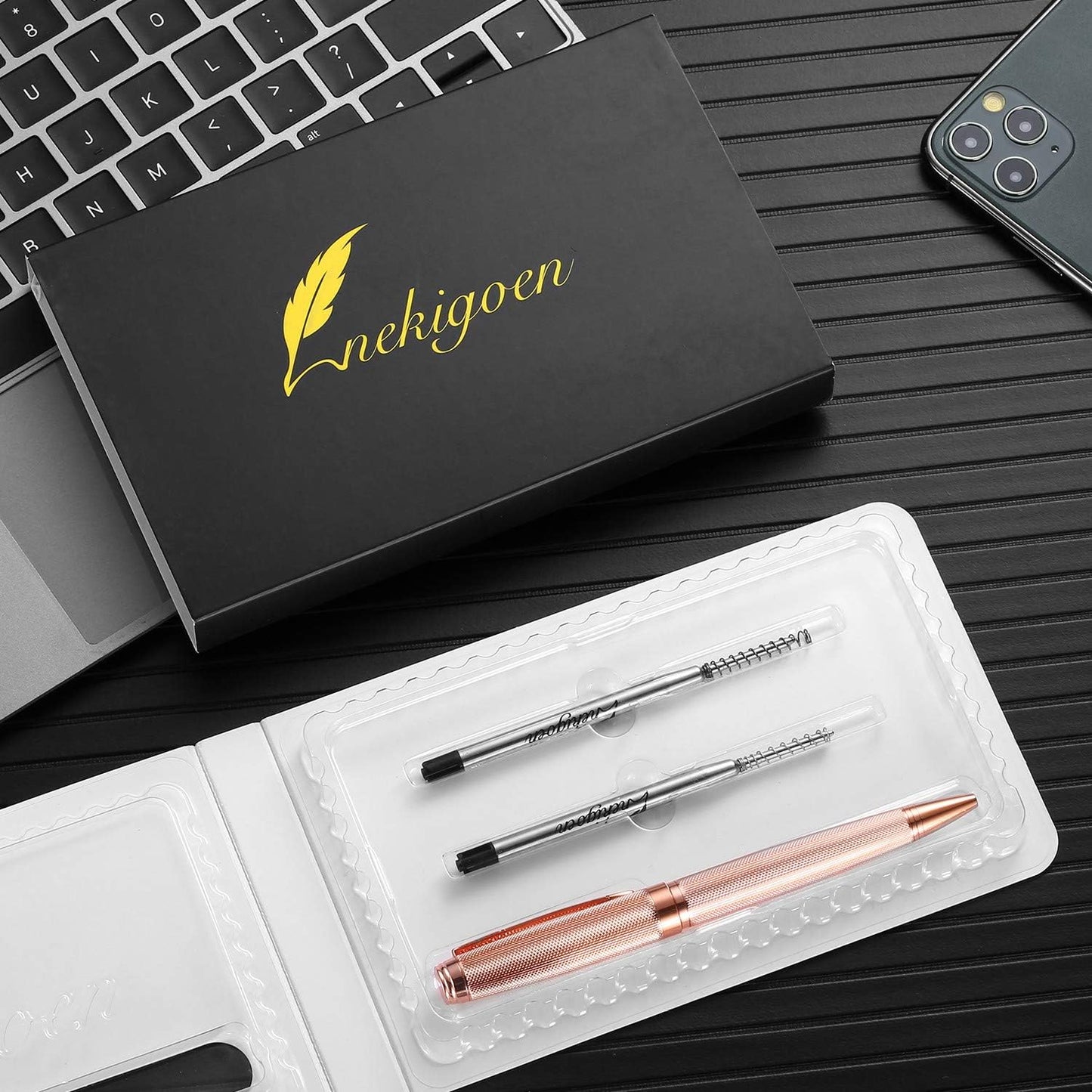 Ballpoint Pen with Gift Box for Men Women,Luxury Stainless Steel Retractable Pen Executive Home Office Use, and 2 Extra Refills Black Ink 1.0mm B2 (rose gold)