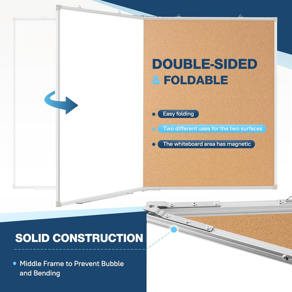 Large White Board Dry Erase Foldable Cork Board Combo, 48" x 36" Double Sided Dry Erase Board for Wall, Magnetic Whiteboard Cork Board Combination for Office, Home, School, Kitchen