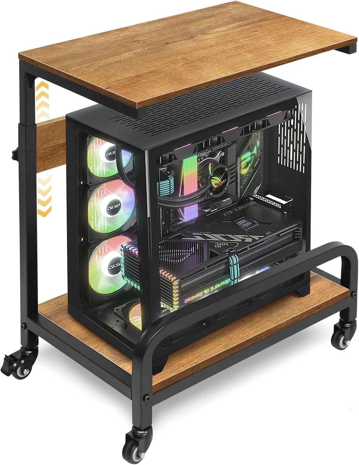 Computer Tower Stand Adjustable 2 Tier for ATX Extra Large CPU Floor Stand PC Tower Stand CPU Holder Cart with Guard Rail Metal Locking Wheels 32.7" X 21.6" X 15.8",Walnut