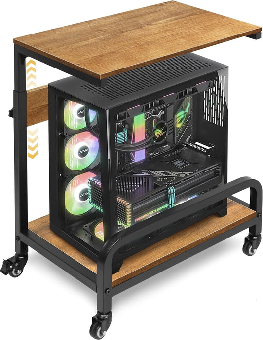 Computer Tower Stand Adjustable 2 Tier for ATX Extra Large CPU Floor Stand PC Tower Stand CPU Holder Cart with Guard Rail Metal Locking Wheels 32.7" X 21.6" X 15.8",Walnut