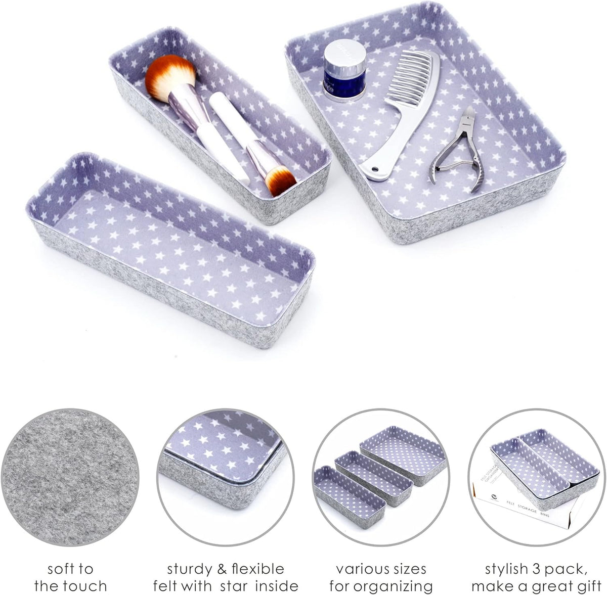 Welaxy Desk Drawer Organizer Bins with Modern Pattern Home Office Storage Bin Sturdy Small Sharrow Cozy Cubby Organize Box Gifts idea 3-Piece (Star)
