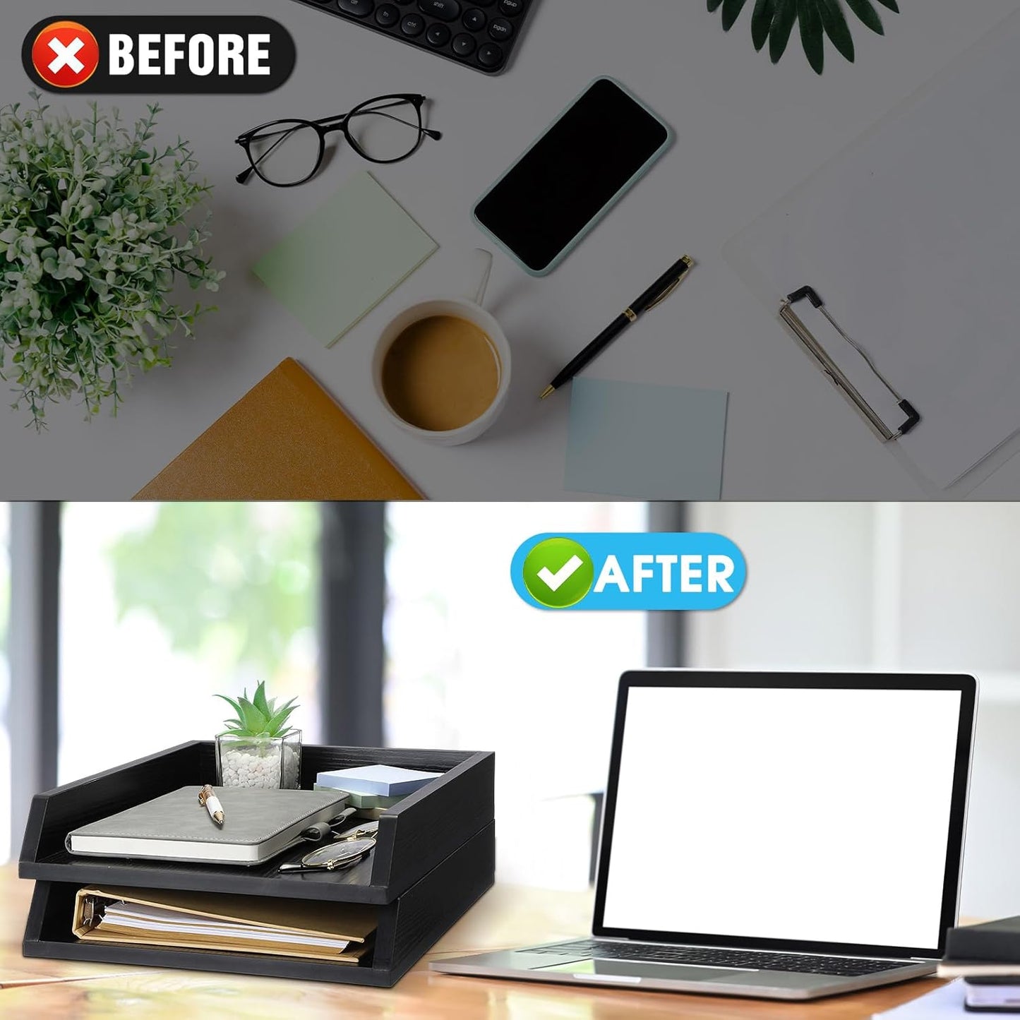 2 Pcs Wooden Letter Trays Wood Letter-Size Desk Organizer Heavy Duty 2 Tier Stackable Supports Paper Tray Desktop Drawer Organizer File Folder Magazine Office Accessories (Black)