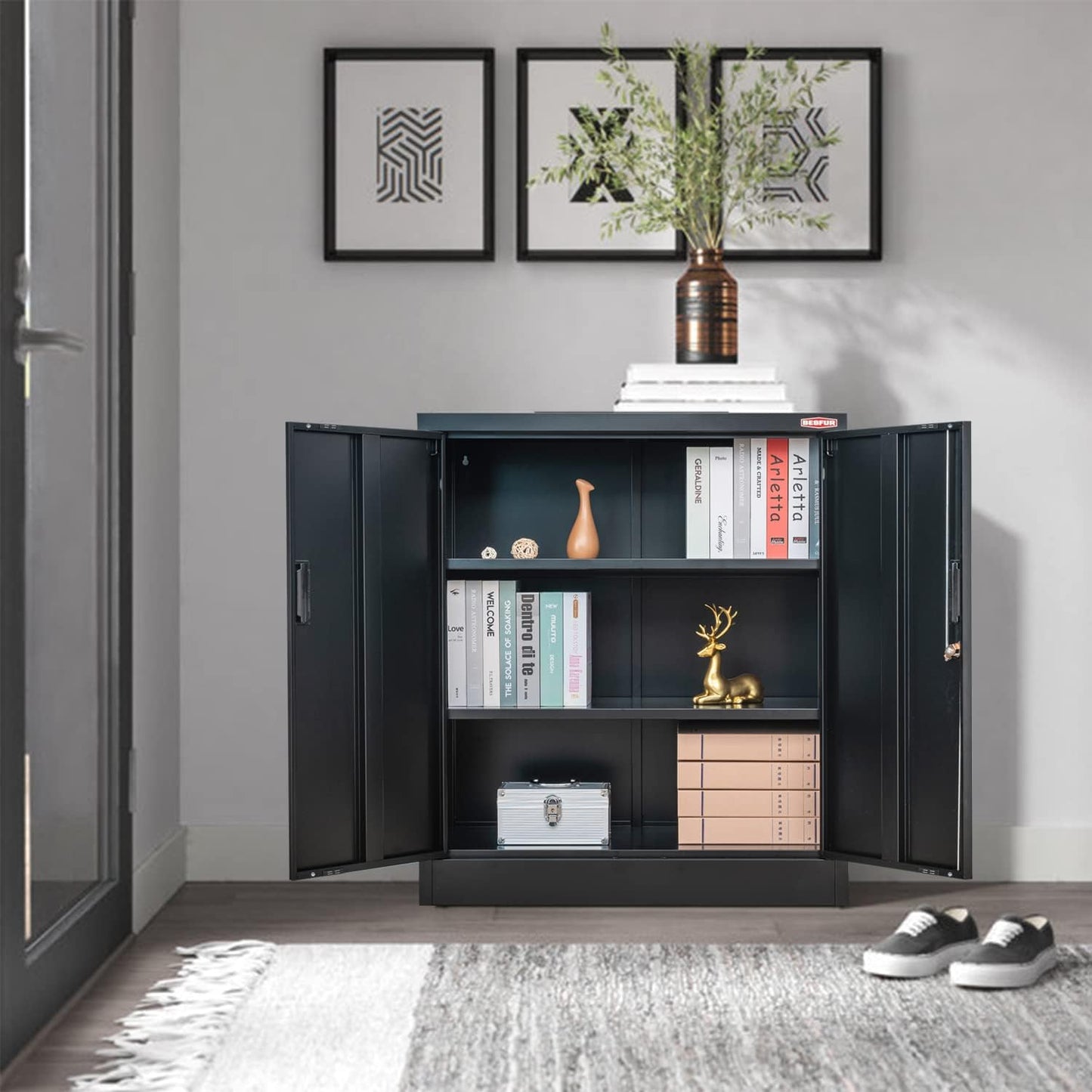 BESFUR Metal Storage Cabinet 36" H, Black Steel Locking Cabinet with 2 Lockable Doors and 2 Adjustable Shelves for Home Office, Garage, School, Apartment, Warehouse