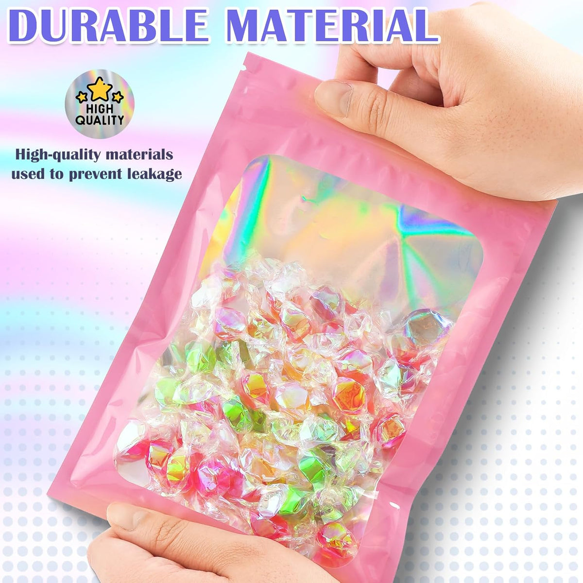 100 PCS Mylar Bags, Pink Holographic Bags, Smell Proof Bag, Resealable Bag for Small Business, Packaging, Food Storage, Bracelets, Jewelry（5.5x7.9in）
