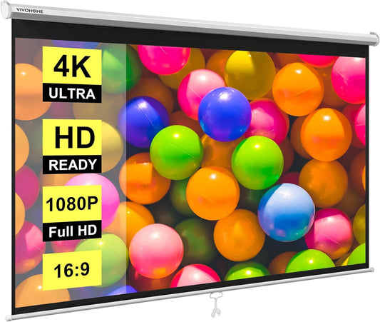VIVOHOME Projector Screen Pull Down, 16:9 80 Inch Retractable Projection Screen, HD 4K Manual Pull Movie Screen for Home Theater, Cinema, Office (70x40 Inch White)
