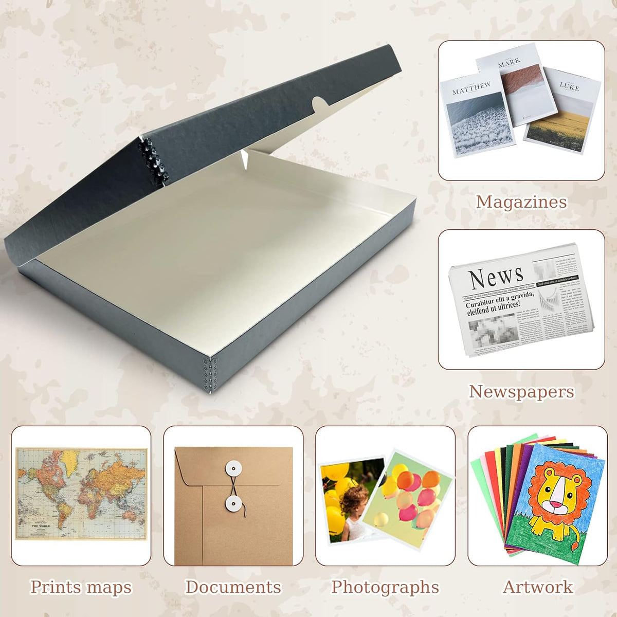 Golden State Art, Archival Folio Storage Box 16x20, Clamshell Design with Metal Edge, Preserve And Store Photos Documents Cards Prints Arts Crafts DIY, Gray