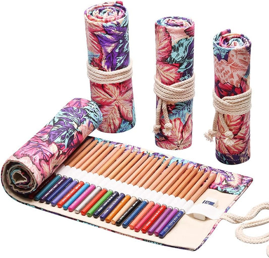 DIYOMR 24/36/72 Slots Pencil Wrap Pencil Rolls, Artist Colored Pencils Roll Up Bag Short Brushes Pouch Case Pencils Organizer for Drawing Coloring and Sketching (Maple Leaves, 36slots)