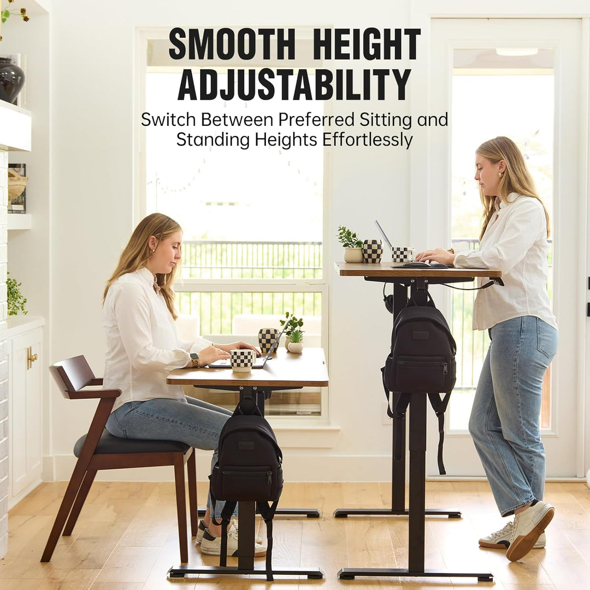Veken 39.4" Small Electric Standing Desk, Height Adjustable Sit Stand Up, Wood Desktop, Work Home Office Computer PC Desks, Writing Study Bedroom Rising Table, Brown