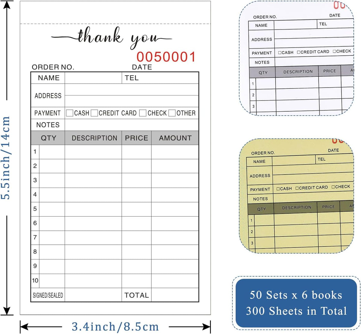 12 Pack Thank You Receipt Book, 3.4x5.5" Handheld 2-Part Carbonless Sales Invoice Book, Invoice Pad with Cardboard for Small Boutique Business, (50 Sets)
