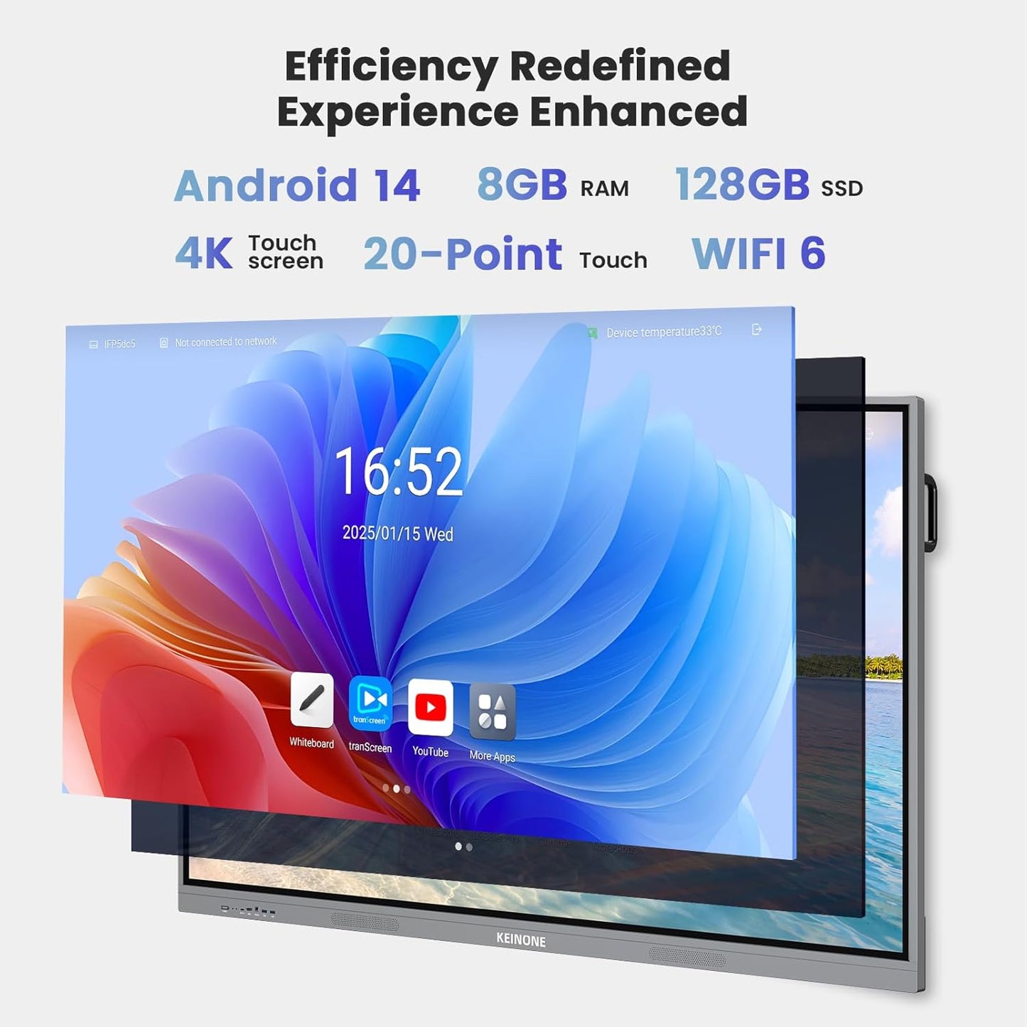65'' 4K Smart Board, Android 14 OS 8+128 GB Interactive Whiteboard, Electronic Digital Whiteboard with Open App Ecosystem, Touchscreen Smart Board for Home, Office and Classroom, Gray