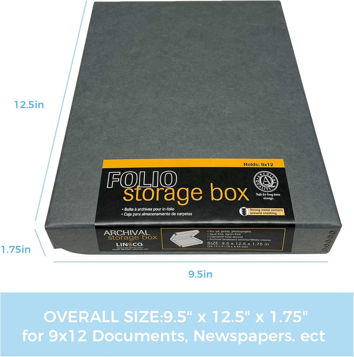 Lineco Folio Storage Box, Clamshell Design with Metal Edge. 9.5x12.5x1.75, Archival Boxboard, Preserve Photos, Prints, Cards, Magazines, Documents, Art, Ephemera, Family Records, Gray, Pack of 2