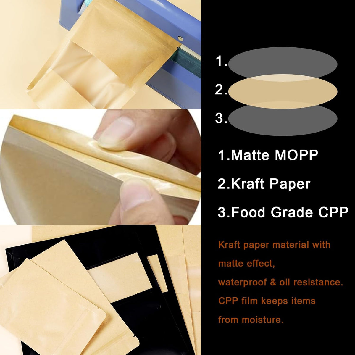 100 PCS Resealable Stand Up Kraft Paper Bags With Matte Window, Zipper Lock Food Storage for Small Business and Home, 7.87 * 11.81 Inches Reusable Sealable Packaging - Black