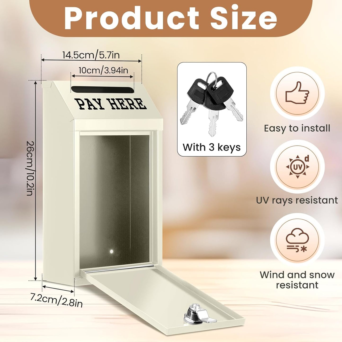 Safe Cash Box Money Collection Metal Donation Box with Lock Wall Mount Pre Drilled Mailbox Delivery Ballot for Home Office Outdoor Self Serve Stand (Beige,10.2 x 5.7 x 2.8 Inch)