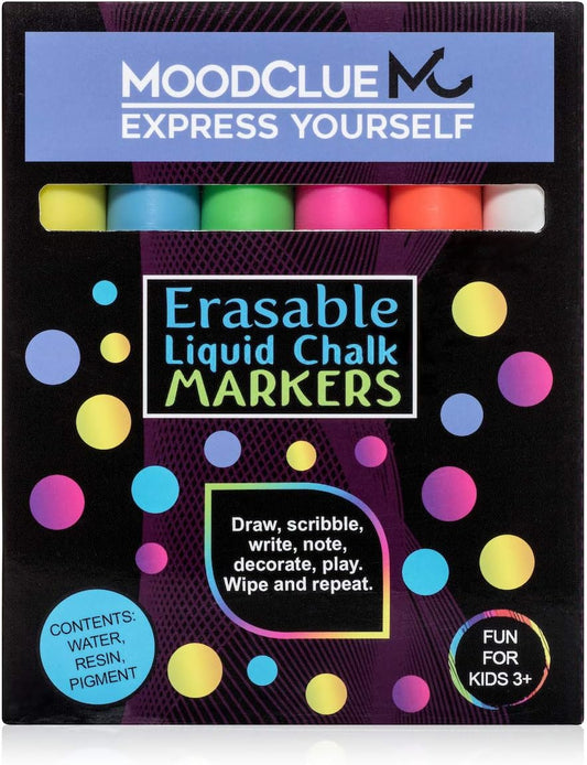 Liquid chalk markers erasable. 6 neon dry & wet erase marker pens for windows, mirrors, whiteboards, chalkboards, glass boards, auto windshields. Reversible thick and thin tip. Washable
