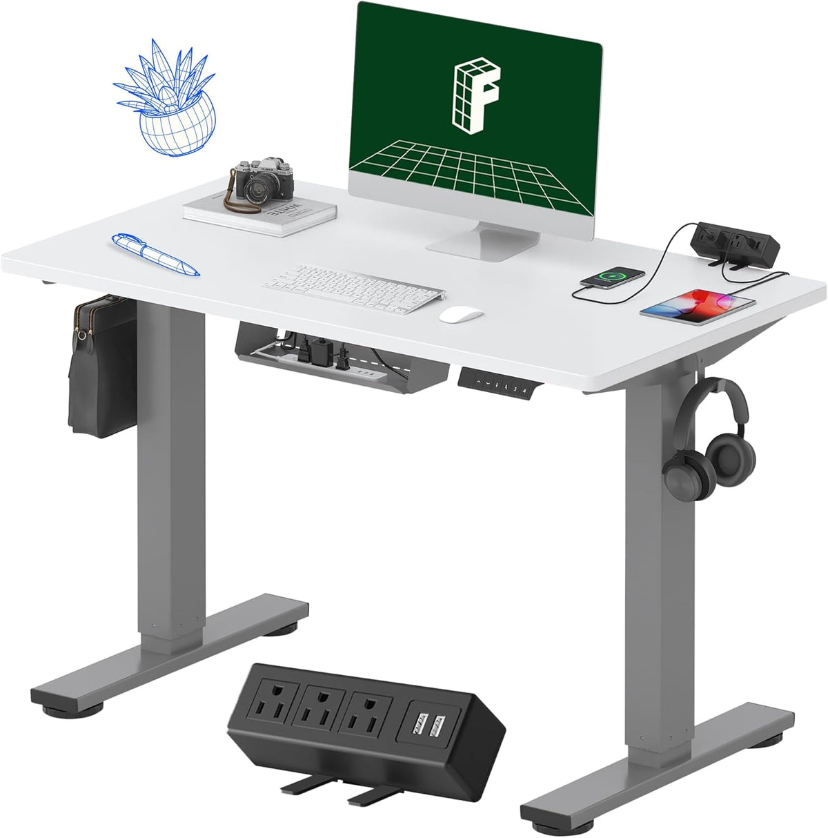 FLEXISPOT EN2 Whole-Piece Standing Desk with Clamp Power Strip, 40 x 24'' Electric Stand Up Height Adjustable Desk with Cable Management (Gray Frame + 40" White Top, 2 Packages)