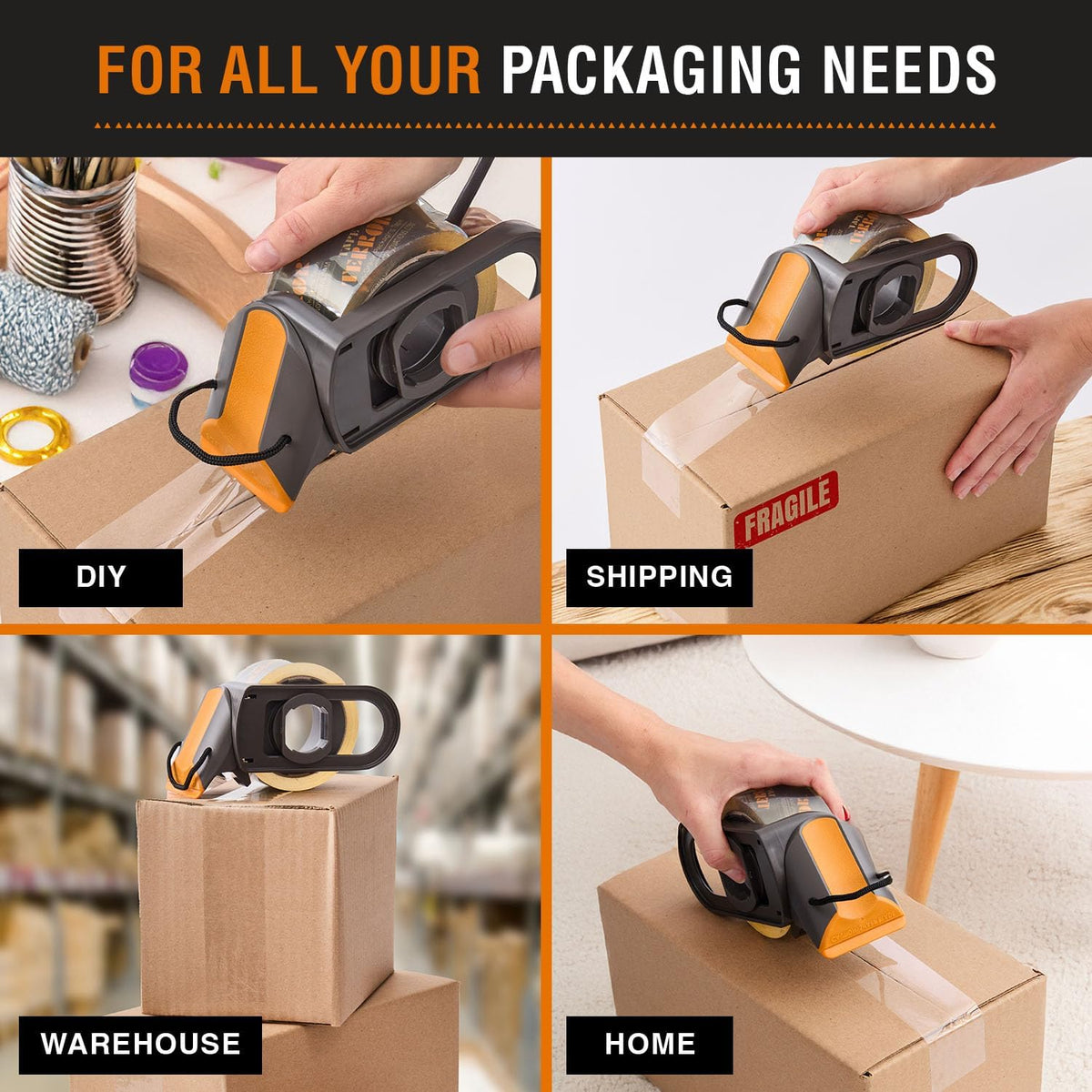 Packing Tape Dispenser - Heavy Duty Shipping Tape Dispenser for Boxes, Refillable, Fits Standard Bulk Tapes Up to 2" Wide - Razor-Sharp Cutting Packaging Tape Dispenser (1-Count)