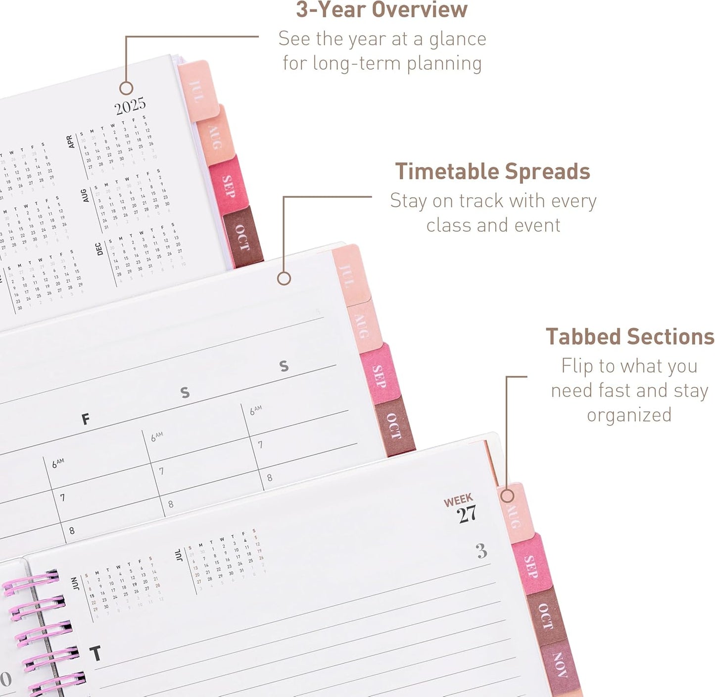 Rileys Academic Planner 2025-2026, Daily, Weekly & Monthly Planner, July 2025 - June 2026, Student Notes Pages, Twin-Wire Binding, Weekly Agenda for School & Work (8 x 6-Inches, Pink, Diagonal)
