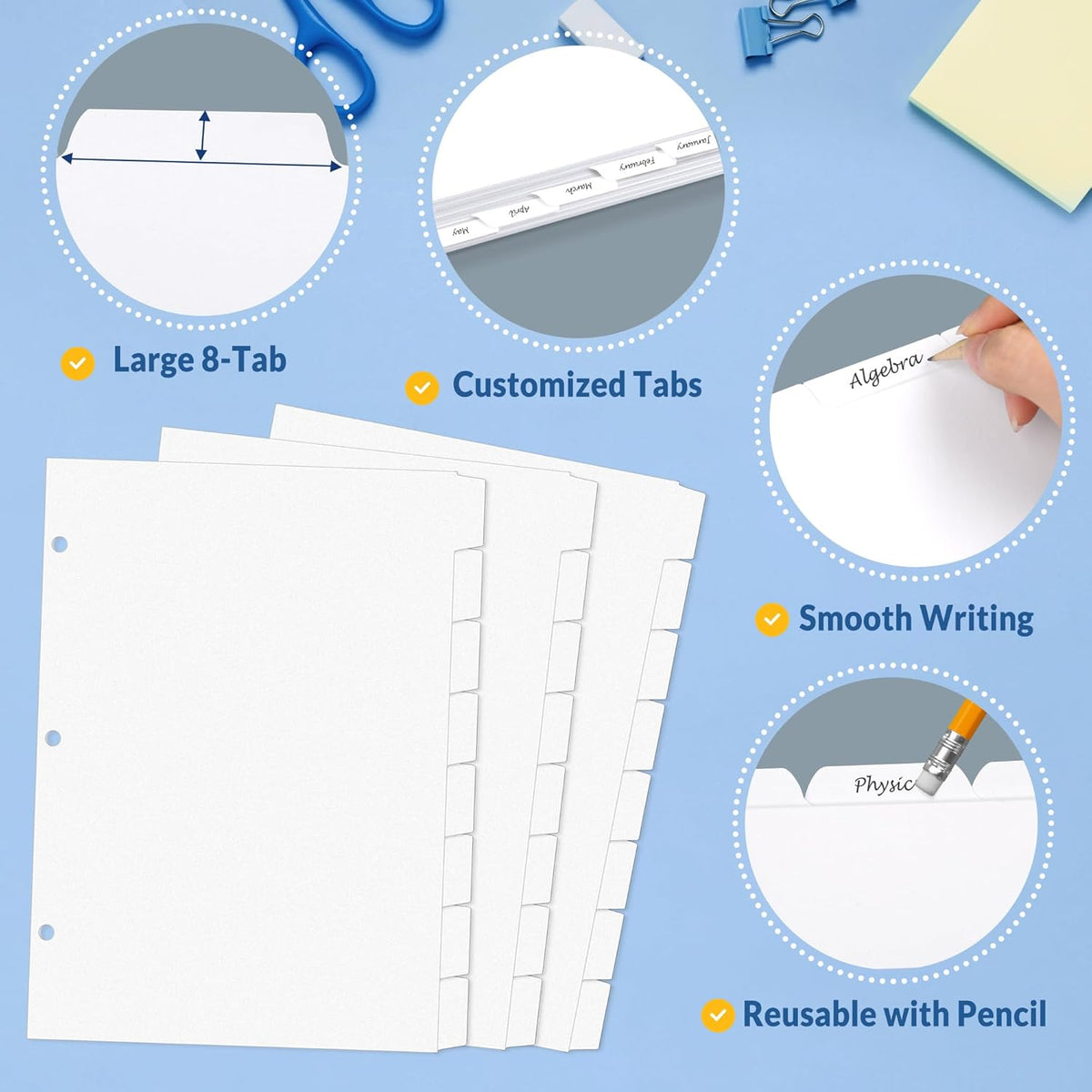 SUNEE Binder Dividers with Tabs for 3 Ring Binder, 8.5 x 11 Paper White Binder Dividers Blank with 8 Tabs, 12 Sets Page Dividers for School, Office and Home, 96 Dividers