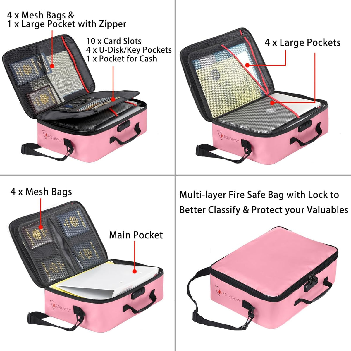ROLOWAY Fireproof Document Bag with Lock (17 x 11.8 x 5 inch), Important Document Storage Bag with Multi-Layer File Organizers (Pink)