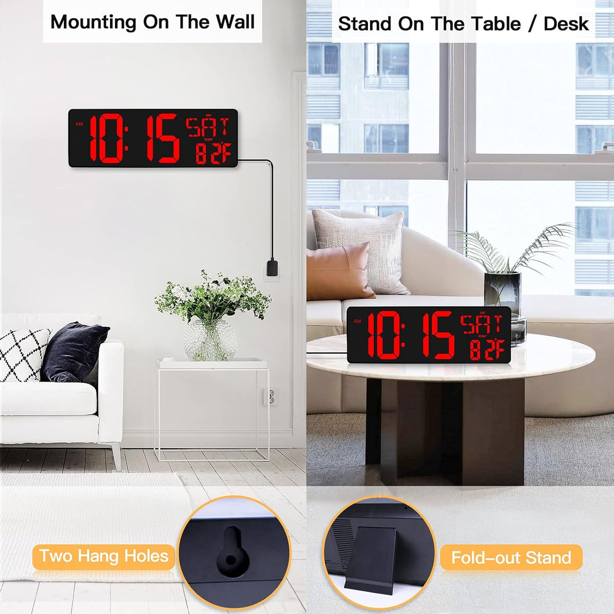 XREXS Large Digital Wall Clock with Remote Control, 16.5 Inch LED Large Display Count Up & Down Timer, Adjustable Brightness Alarm Clock with Day/Date/Temperature for Home, Gym, Office and Classroom