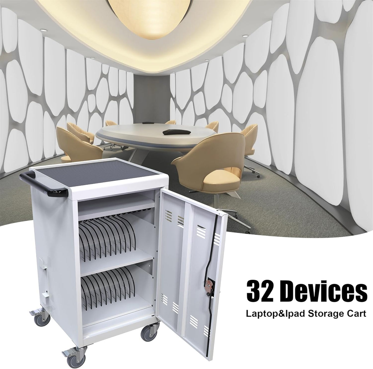 30-Device Mobile Charging Cart and Cabinet, Laptop Storage, Lockable Charging Station - Up to 16.3" Screen, White