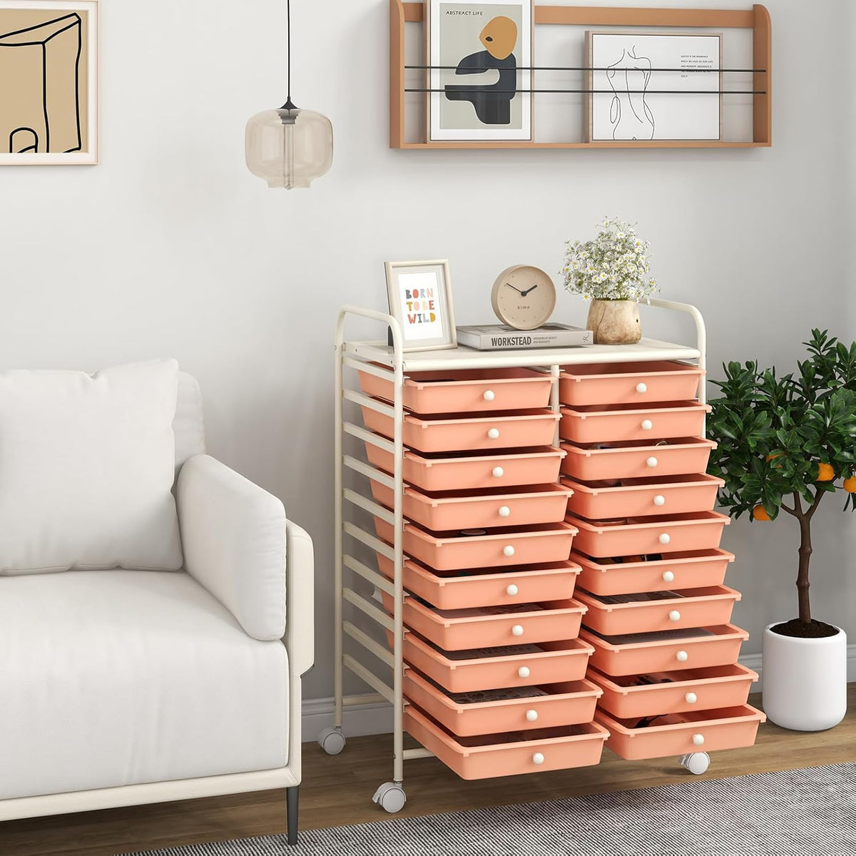Giantex 20 Drawers Rolling Cart, Mobile Storage Drawer Cart, Classroom Organizer for Office School Supplies Tools Scrapbook Paper Craft Small Printer, Utility Stand on Wheels, Peach