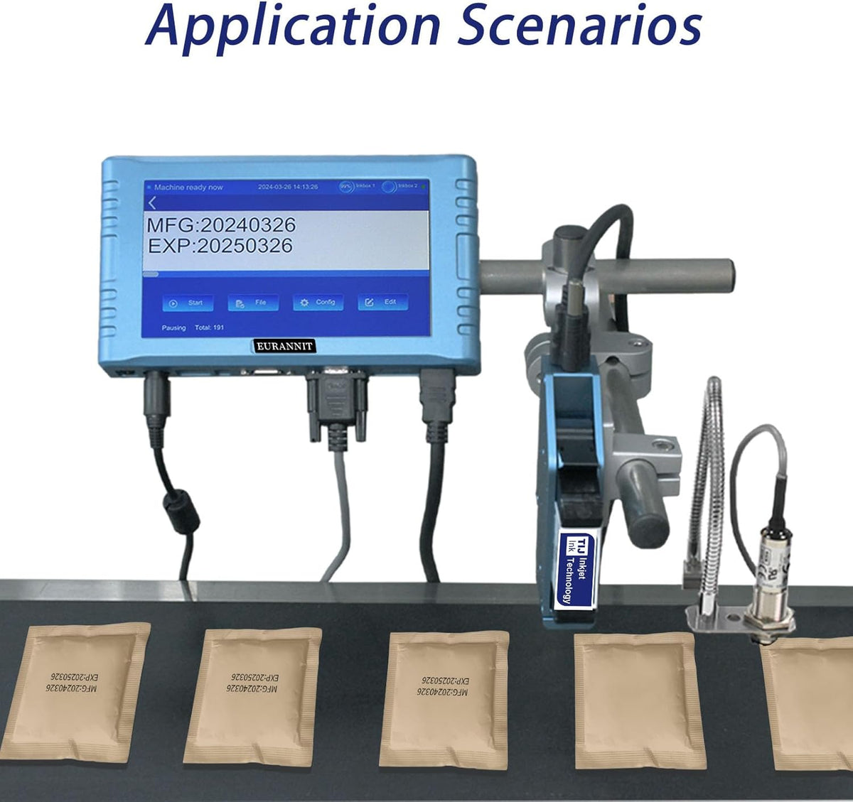 Automatic Inkjet Coding Machine for Production Line, 260E TIJ Inkjet Printer with 7” Touchable Screen for Date/Batch/QRCode/Barcode/Logo etc (1 Nozzle / 1 in)