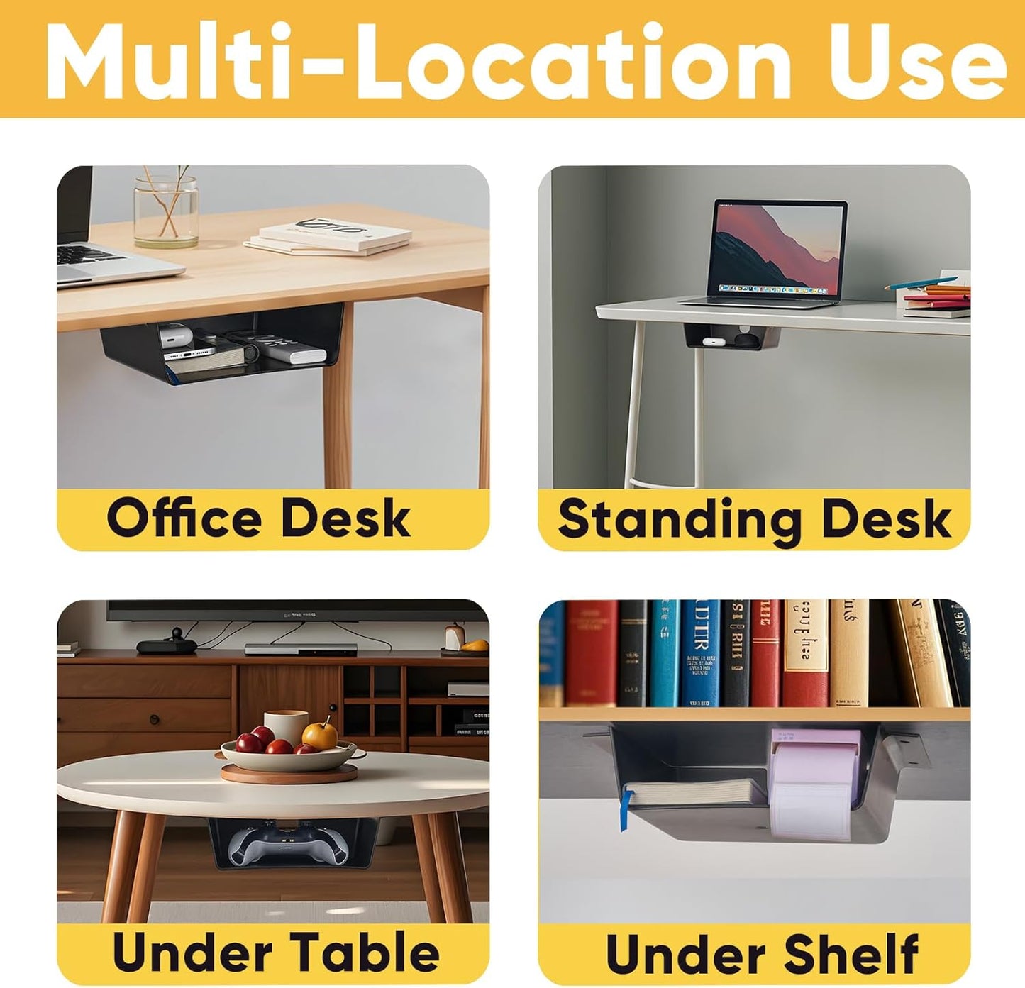 4 Pack Under Desk Hanging Shelf Drawer Organizer, Attachable Plastic Hidden Storage Tray, Easy Adhesive Mount Holder for Standing Tables, Office, Counters, Cabinets, Workstations - Black