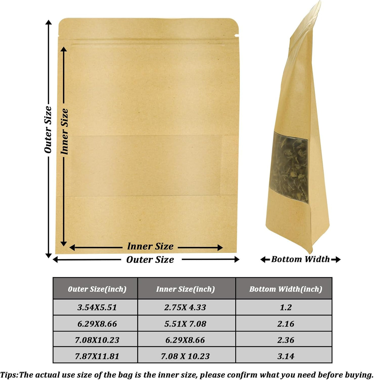 100 PCS Resealable Bags, Stand Up Kraft Paper Bags with Matte Window, Zipper Lock Food Storage Bags for Small Business and Home, 6.29 * 8.66 Inches Reusable Sealable Bags for Packaging