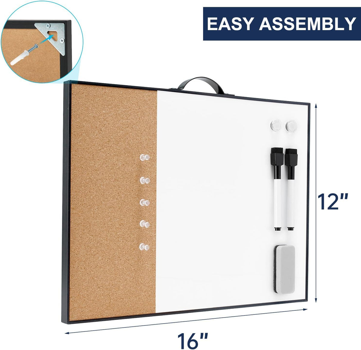 Small Cork Board Whiteboard Combo - 12" X 16" Portable Aluminum Black Framed Magnetic Dry Erase Board for Wall, Mini Bulletin CorkBoard with a Handle for Office, Home and School