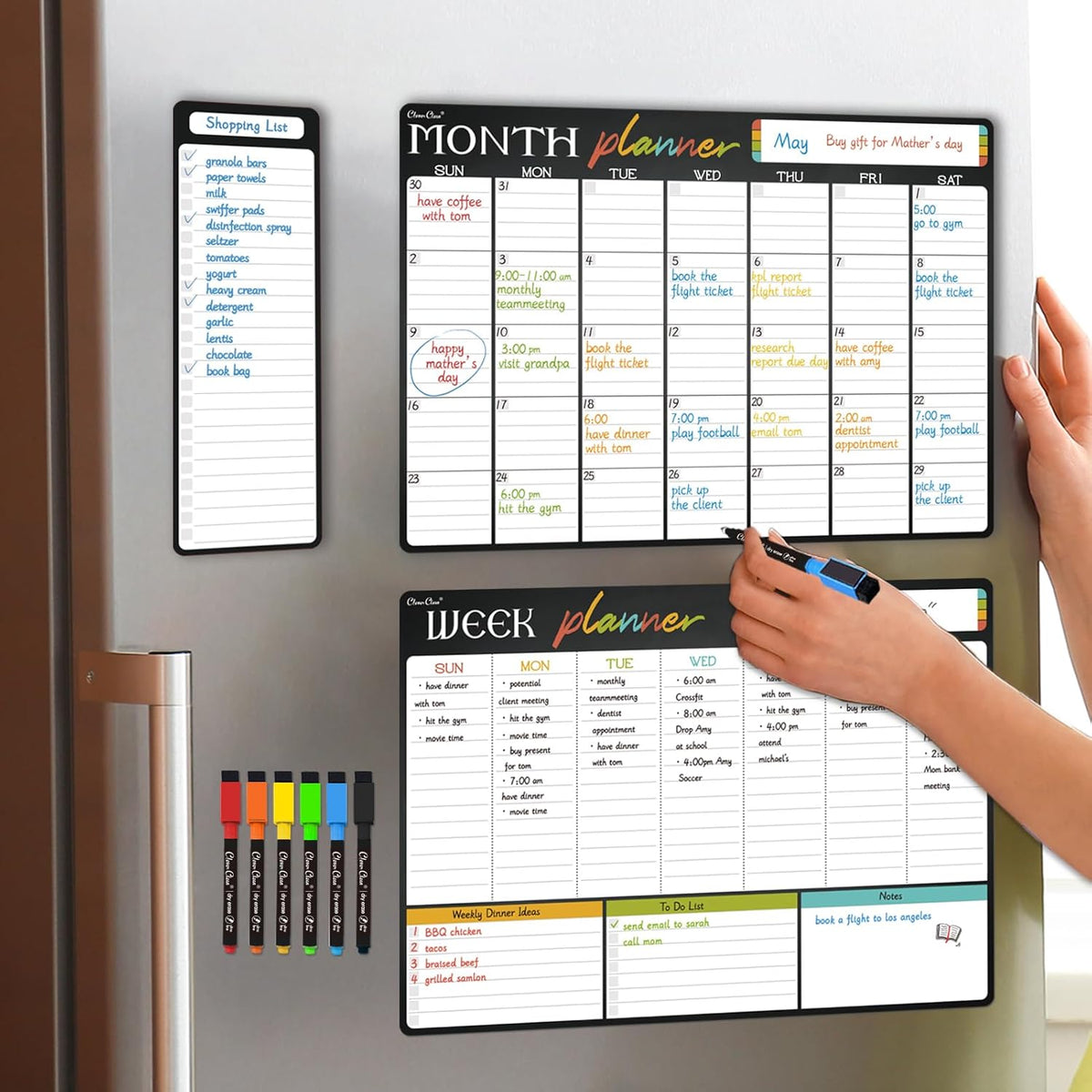 Magnetic Dry Erase Monthly Calendar Set - 17"x12" Monthly and Weekly Calendar, 4"x12" List Board for Fridge - 6 Extra Fine Point Markers Included - Shipped Flat