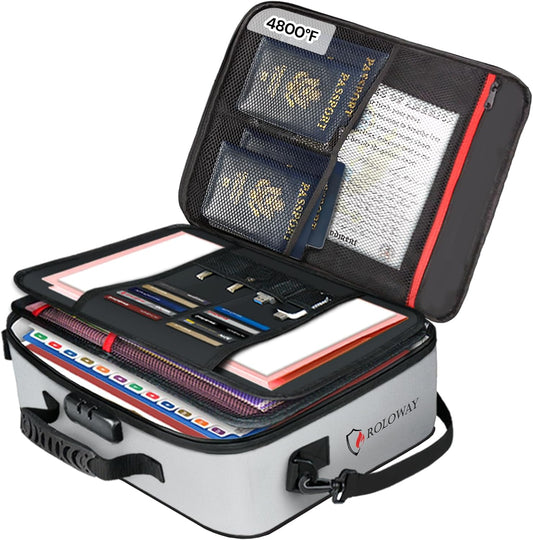 ROLOWAY Fireproof Document Bag with Lock (17 x 11.8 x 5 inch), Important Document Storage Bag with Multi-Layer File Organizers (Gray)