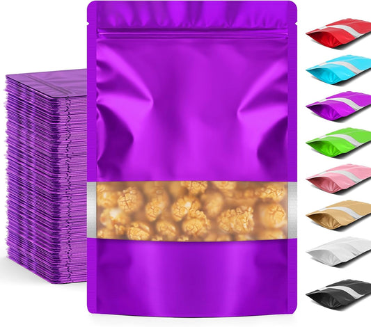 Funfery 100 Pcs Smell Proof Packaging Bags,Mylar Clear Bags for Food Storage,Sealable Bag for Packaging,Stand Up Pouches with Window,ReSealable Bag for Small Business,Cookies,Candy(Purple,4x6in)