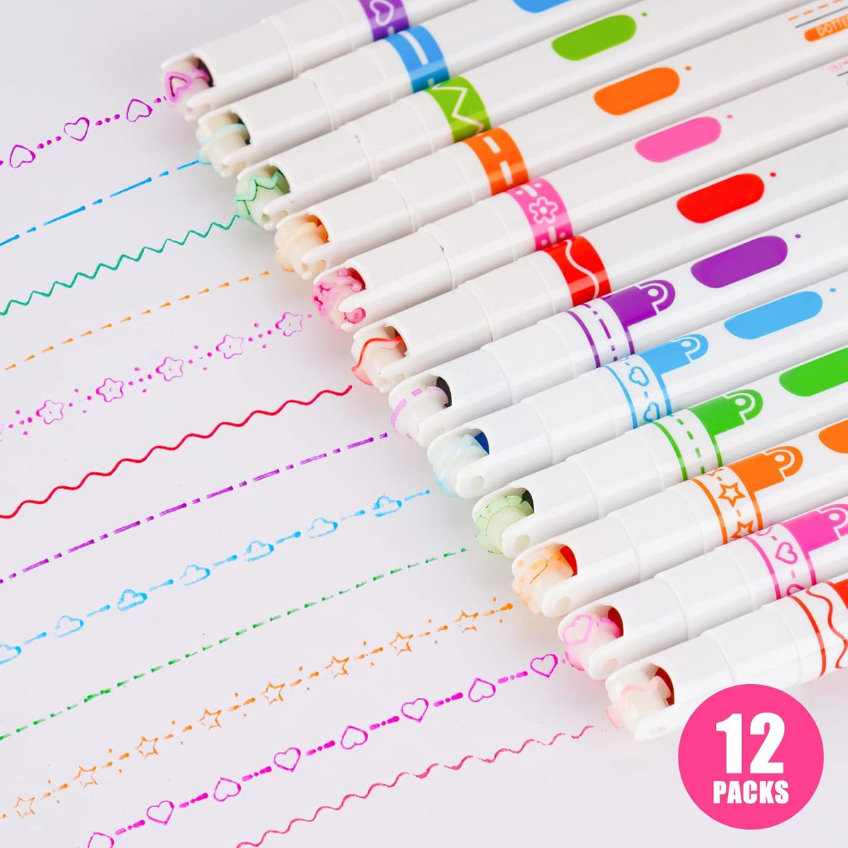 NiArt Roller Markers 12-Pack Curve Line Highlighter Pens with Scroll Wheel, 8 Curve Pattern Shapes and 8 Assorted Colors for Scrapbooking, Note Taking, DIY Art, Office and School Use