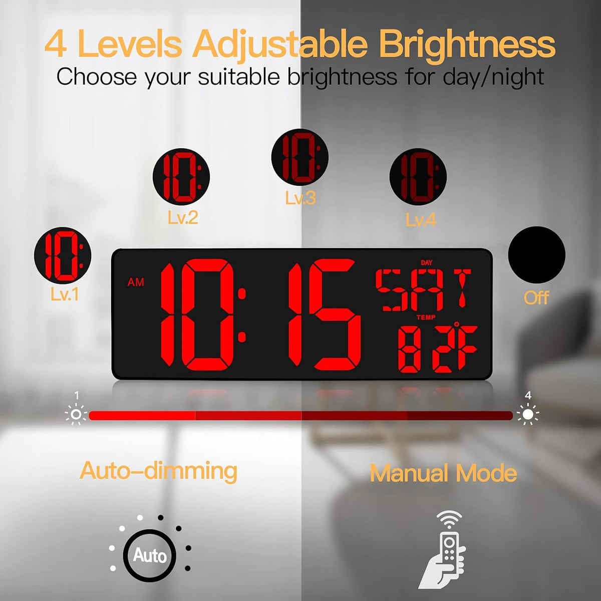 XREXS Large Digital Wall Clock with Remote Control, 16.5 Inch LED Large Display Count Up & Down Timer, Adjustable Brightness Alarm Clock with Day/Date/Temperature for Home, Gym, Office and Classroom