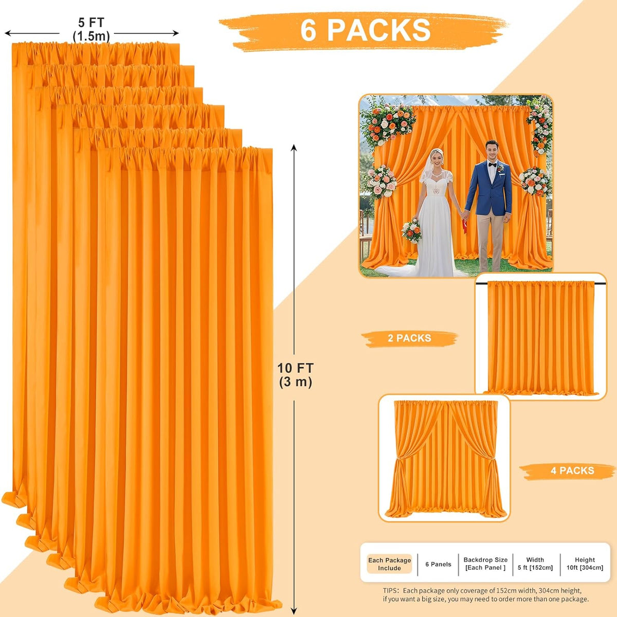 Orange Backdrop Curtains 6 Panels 5ft x 10ft Polyester Photo Backdrop Drapes for Birthday Party Stage Window Supplies Decorations