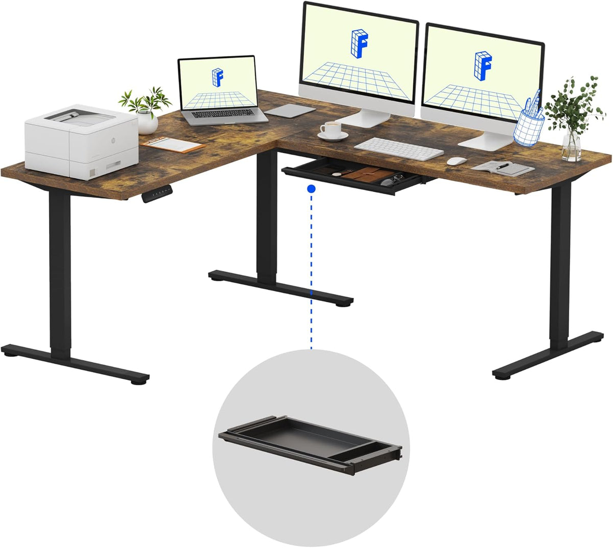 FLEXISPOT L Shaped Standing Desk, 71 x 63 Inch Electric Height Adjustable Corner Desk, Sit Stand Computer Workstation, Preset Controller, Home Office, Black Frame with Rustic Brown Top, Black Drawer