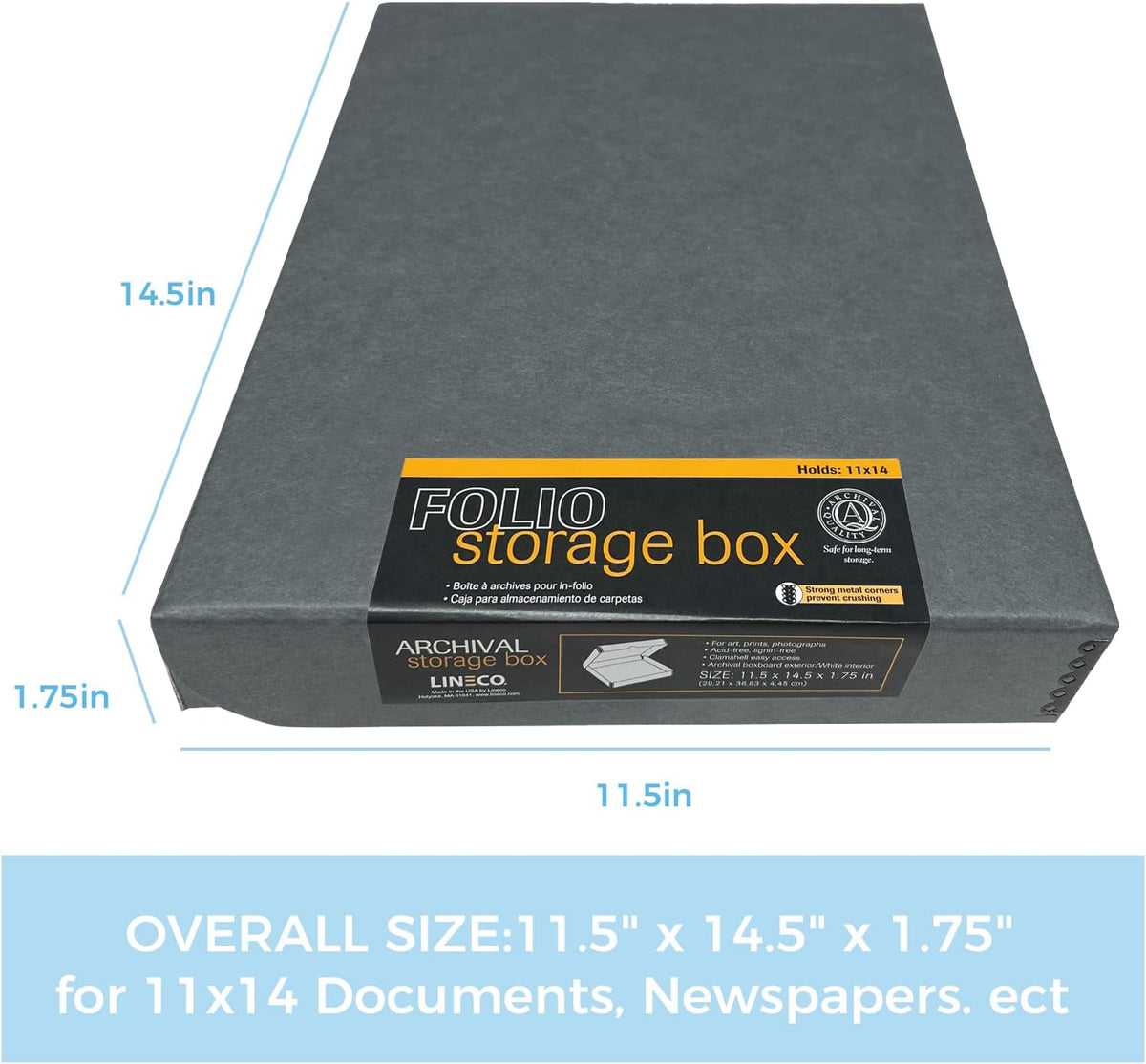 Lineco Archival Folio Storage Boxboard, Acid-Free with Metal Edges Boxboard, 11.5 X 14.5 X 1.75 Inches, Longevity Organize and Store Photos Documents Crafts Cards Magazines Prints DIY, Gray Exterior