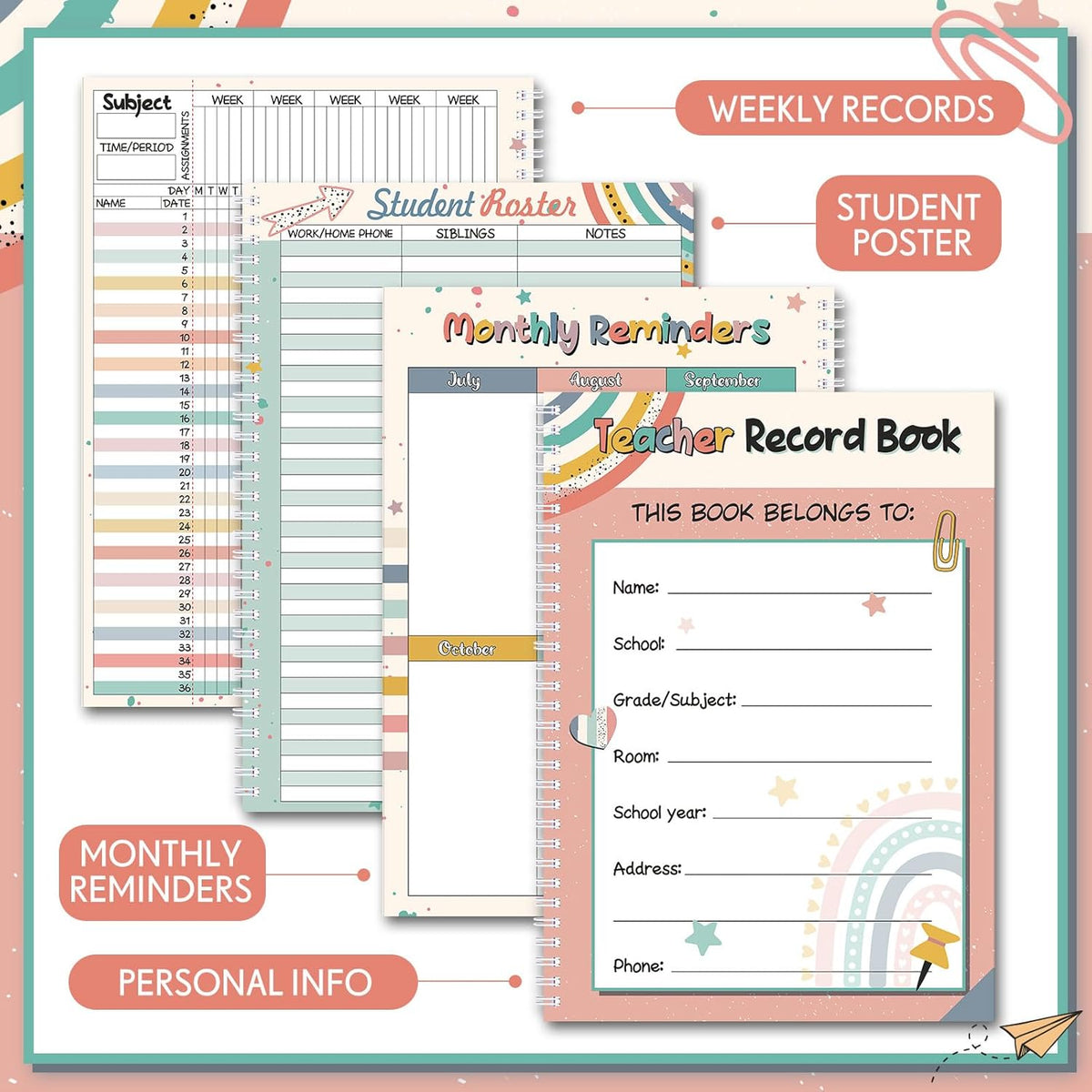 Teacher Record Book Teacher Grade Book Spiral Bound Record Class Gradebook Office Favors Gift for Classroom Attendance Supplies Decoration Double Sided Color Printing(Boho Heart Dot)