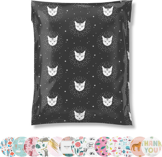 Poly Mailers 12.5x15 50 Pack | Self-Sealing Shipping Bags Envelopes for Small Business | Waterproof Durable Packaging | Cat | Black Stars Animal | à la mode Mailers