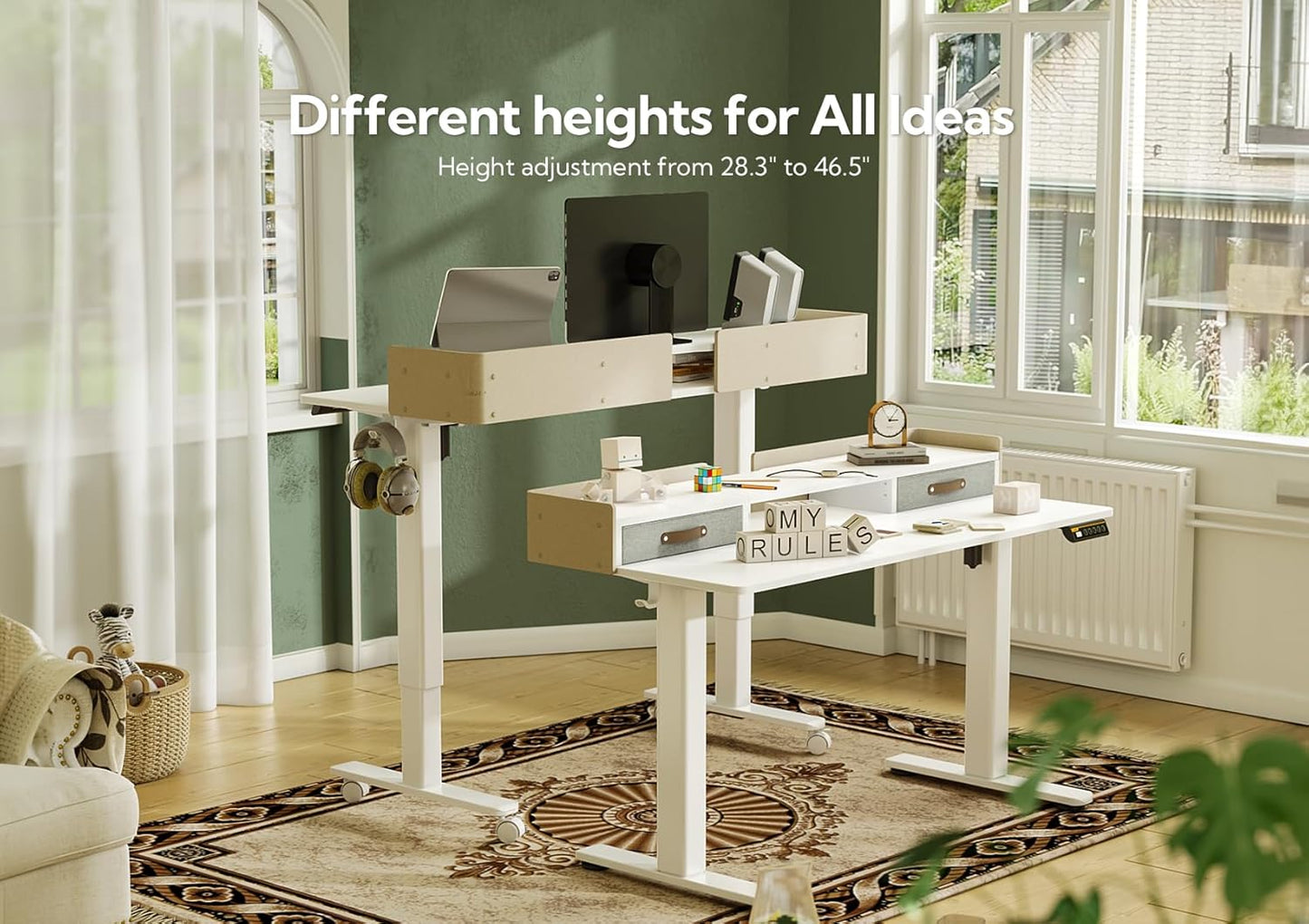 Claiks Standing Desk with Drawers, Adjustable Stand Up Electric Standing Desk Adjustable Height with Storage Shelf and Splice Board, 63 Inch, White