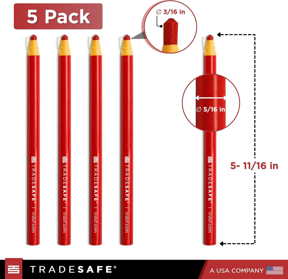 TRADESAFE China Markers Grease Pencils - 5 Red Grease Markers, Peel-Off Wax Pencils for Labeling on Metal, Glass, Vinyl, Wood, Fabric, Rubber, No Sharpening Needed