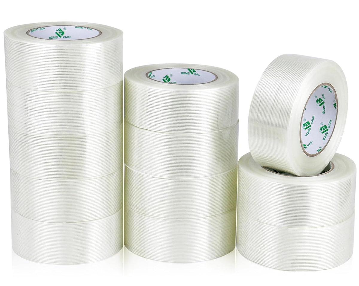 BOMEI PACK 12PACK Strapping Tape 2Inch, Heavy Duty Fiberglass Reinforced Packing Tape, 5.5Mil x 60Yds