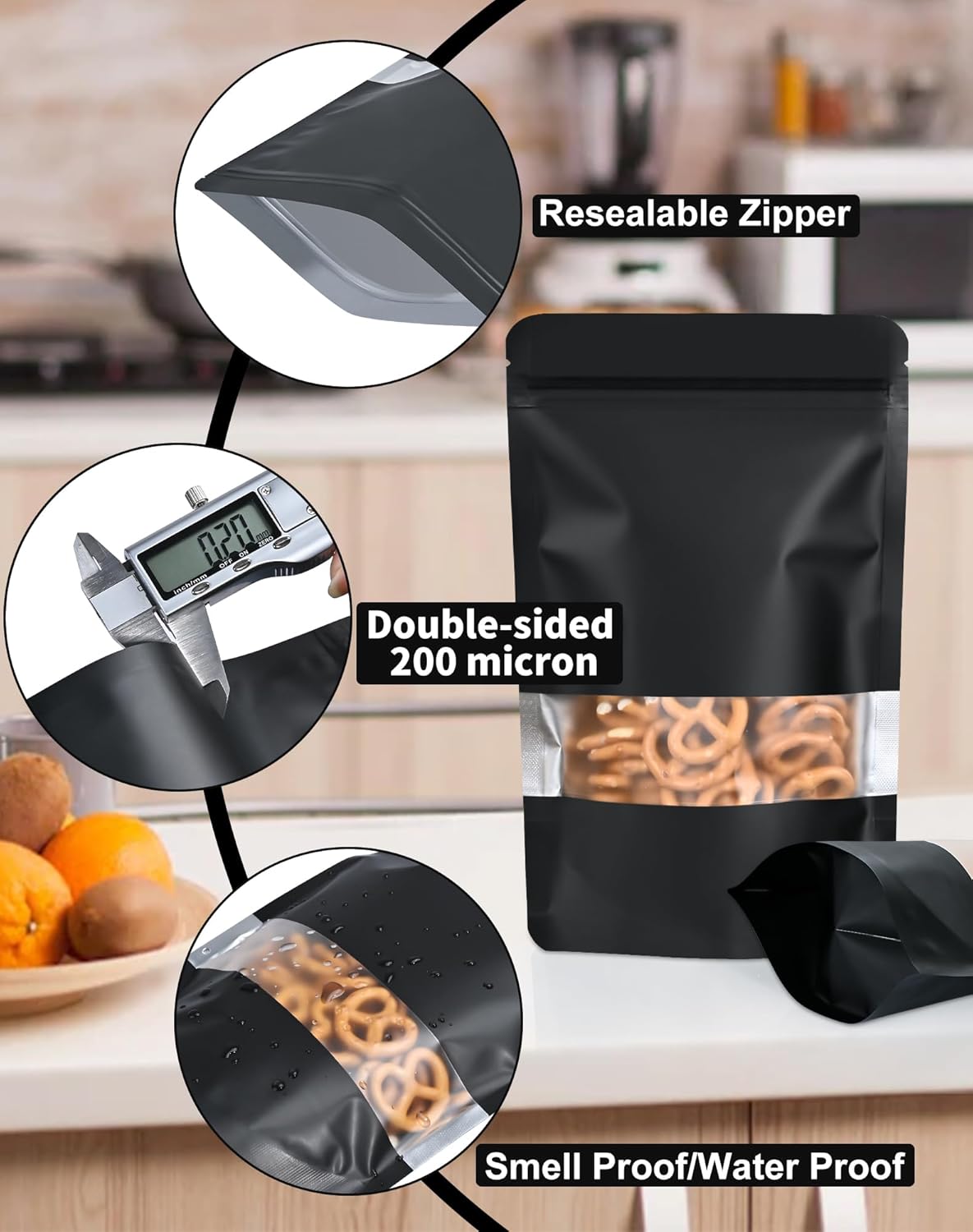 FireKylin 100 Pack Smell Proof Bags 7.1" x 10.2", Resealable Bags with Matte Window, Foil Pouch Stand Up Sealable Bags for Packaging（Black）