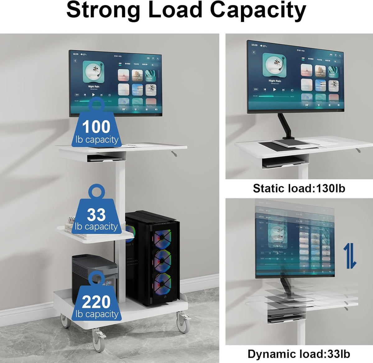 Natwind Mobile Workstation Cart with Monitor Mount,Height Adjustable Rolling Computer Cart, Heavy-Duty Rolling Standing Desk with CPU Holder for Home Office, School,Warehouse, Medical, Workshop