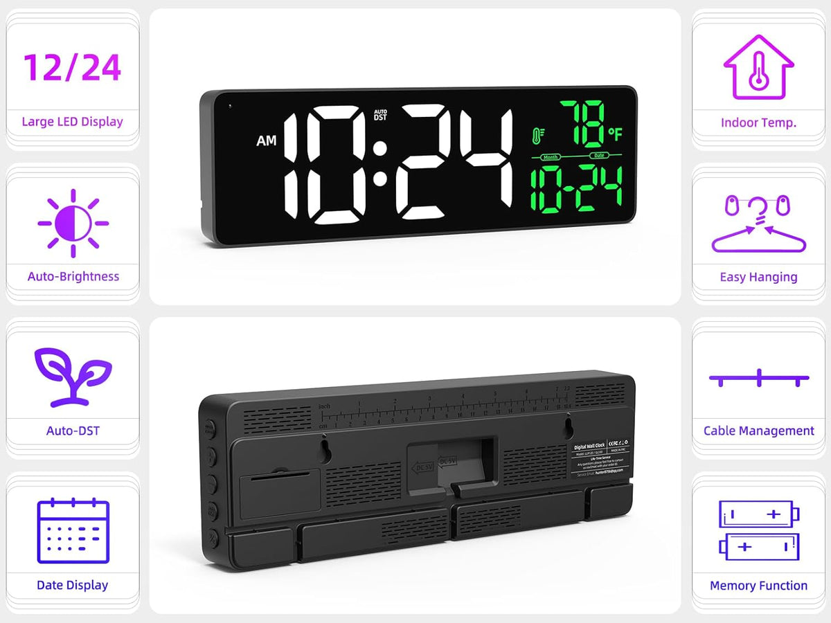 Large LED Digital Wall Clock with Date, Temperature, Auto-Brightness, Auto-DST | Big Digital Clock for Bedroom, Desk, Classroom, Living Room, Kitchen, Office, Gym, Farmhouse, Xmas Gift for Seniors